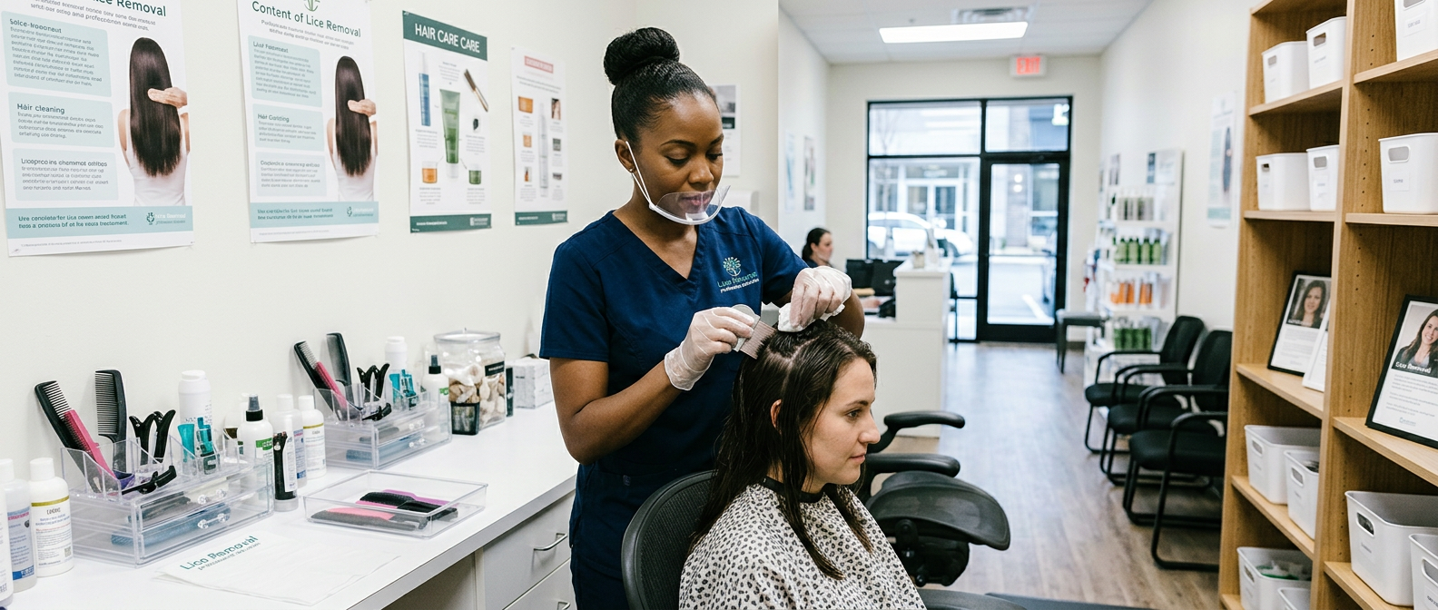A healthcare worker wearing gloves and a face shield combs lice from a seated woman's hair.