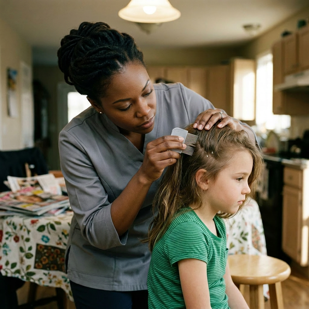 Woman using a lice comb to remove lice from young girl's hair