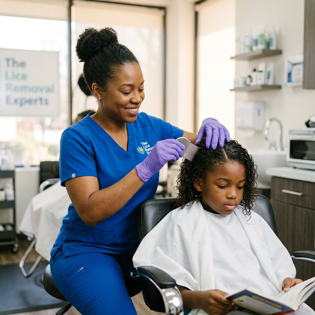 Specialist in blue scrubs removing lice from a girl's hair while she reads a book